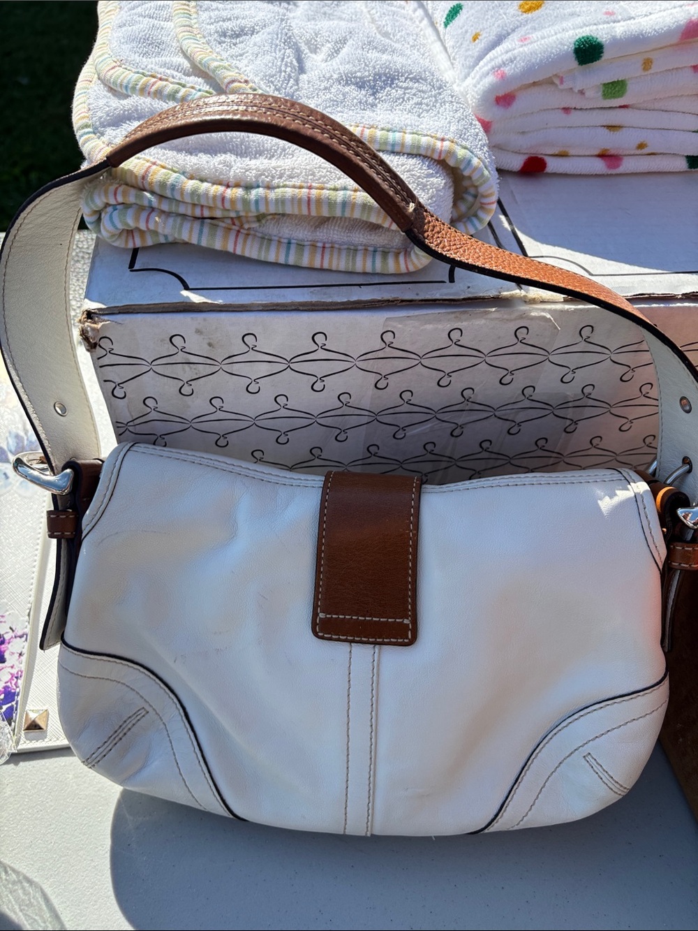 Coach White and Brown Leather Shoulder Bag with Buckle Accent - Picture 2 of 5